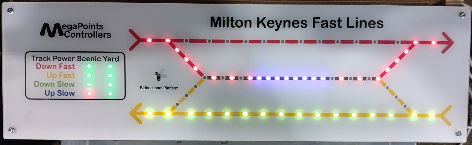Wide bespoke mimic control panel with illuminated push-buttons, built for a Making Tracks layout.